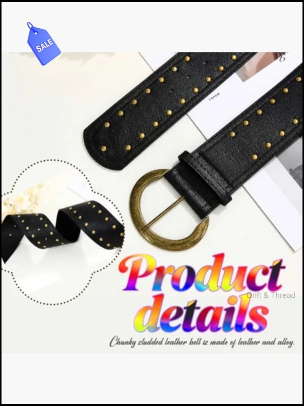 Chunky Studded Leather Belt Wide Vintage Waist Belt for Women